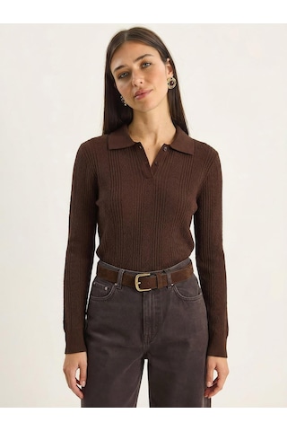 Shade Kadın Polo Yaka Patlı Regular Fit Triko Kazak 20258063 - Kahverengi