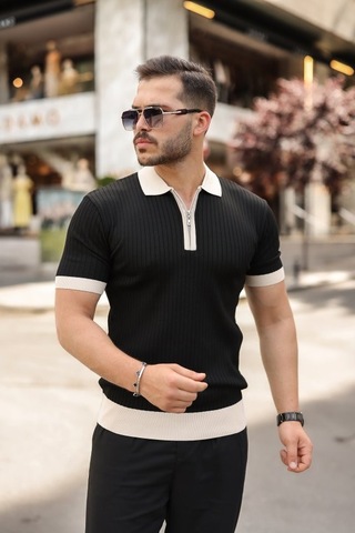 Veraura Lifestyle Erkek Yaka Ve Kol Detaylı Fermuar Yakalı Çizgi Desen Kısa Kollu Triko Tişört Siyah