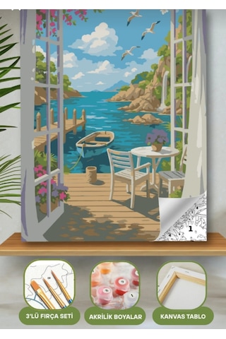 Denic Sayılarla Boyama Seti 40x50 Cm (Çıtalı) Fırça Boya Dahil Numaralı Tuval Cam Manzaralı
