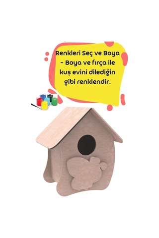 Ahşap Kuş Evi Boyama Etkinlik Seti 6 Renk Boya -fırça