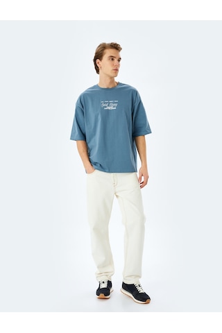 Koton Pamuklu Tok Kumaş Kısa Kollu Bisiklet Yaka Slogan Baskılı Oversize Tişört Mavi 5sam10182hk Mavi