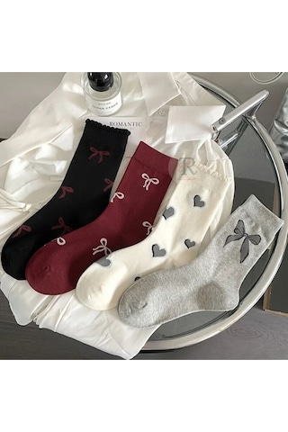 Trampler 4 Çift Kadın Fiyonklu Kalp Desenli Çorap Kadın Mevsimli Uzun Çok Renkli Çorap Çok Renkli