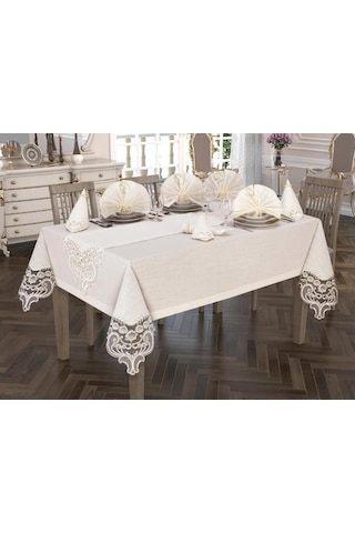 Crown Linen Fransız Güpürlü Masa Örtüsü Takımı 26 Parça Krem