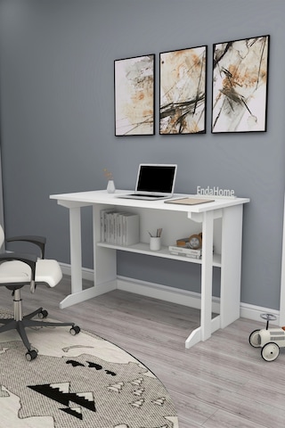 Vennüs 100x55 Cm Kütüphaneli Geniş Çalışma Masası Laptop Bilgisayar Masası Ofis Ders Masası Mat Beyaz