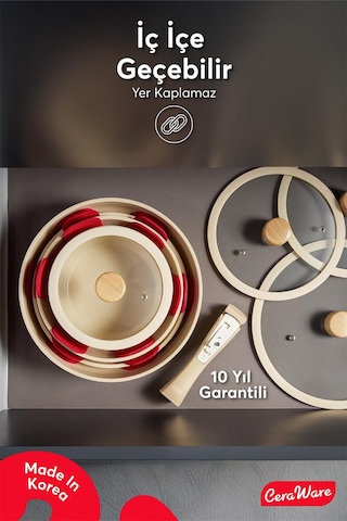 Ceraware Hona XL 14 Parça Tak Çıkar Saplı İç İçe Geçebilen Seramik Yapışmaz Tencere Tava Seti Bej