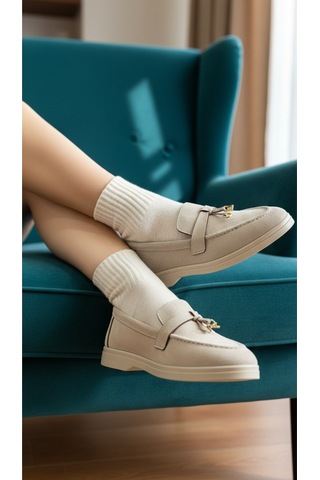 Dabab Shoes Lupy Kadın Süet Düz Taban Rahat Günlük Casual Babet Ayakkabı Bej