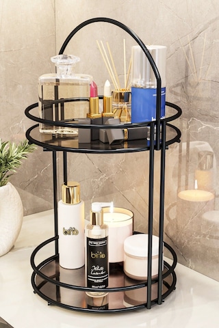 Banyo Düzenleyici 2 Katlı 40cm Siyah Lüks Düzenleyici Organizer Banyo Rafı Şampuanlık Dekoratif Siyah
