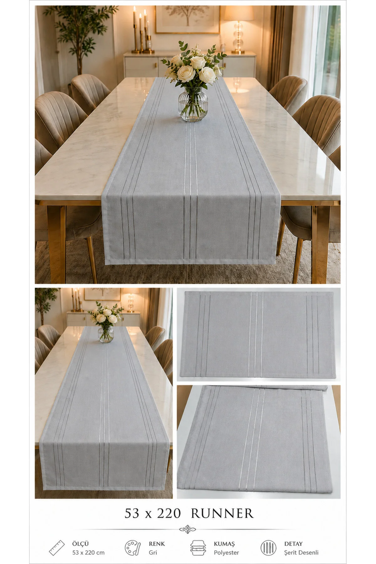 %100 Polyester Dertsiz Leke Tutmaz Şerit Desenli Runner Masa Örtüsü 53x200 Cm Gri