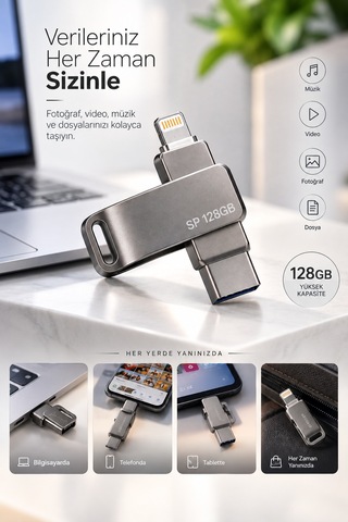 Kompakt Tasarımlı 128gb Çok Amaçlı Usb Flash Bellek Lightning Type C Girişli Taşınabilir Depolama
