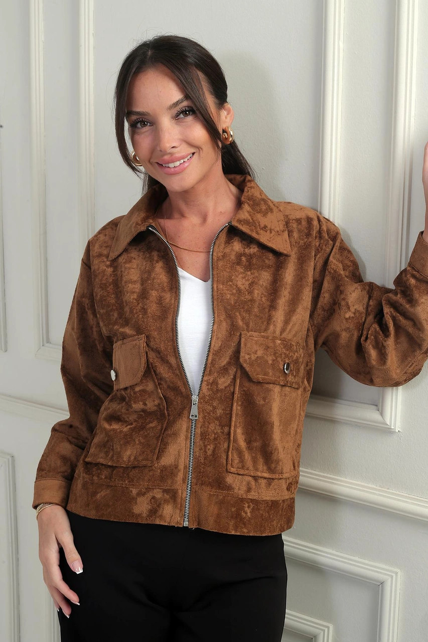 Kadın Torba Cepli Önü Fermuarlı Süet Mont-41955 Taba