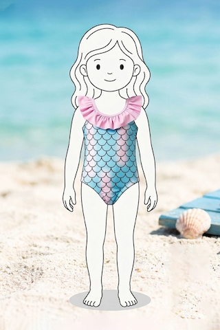 Zuzunga Kız Çocuk Mermaid Desenli Fırfırlı Mayo Mavi-pembe