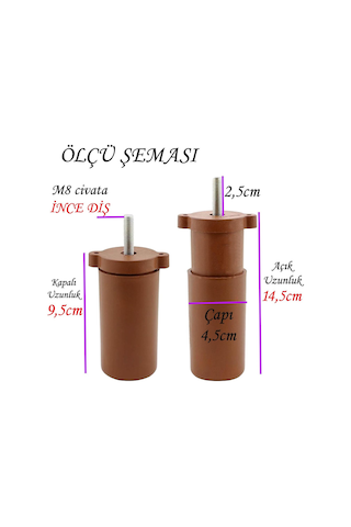 Ayarlı Destek Ayağı 9.5 X 14.5cm Kahverengi Gizli Ayak M8 Civatalı İncediş Mobilya Kanepe Baza Koltuk