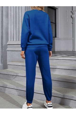 Basic Düz Eşofman Takımı Sweatshirt Jogger - Sax Mavi Oversize Şardonlu Bisiklet Yaka Sax Mavisi