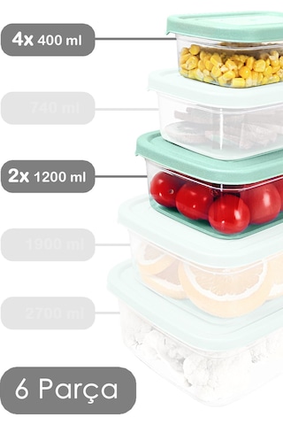 Meleni Home 6'lı Dikdörtgen Erzak Saklama Kabı Seti Mikrodalgaya Uygun Düzenleyici Organizer Erzak Kabı Yeşil