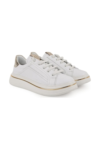 Mamma Mia Kadın Günlük Ayakkabı Hakiki Deri Kalın Platform Taban Gold Metalik Detaylı Bağcıklı Sneaker 26y-3885 Beyaz