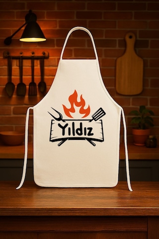 Kişiye Özel Karikatür İsimli Mutfak Önlüğü Steak Şef Model Krem