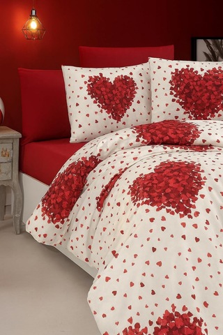 Lüks%80 Pamuklu Çift Kişilik Nevresim Takımı Seti Yorgan Kılıfı Kırmızı Kalp Desen 220x200 Cm + Lastikli Batt Çok Renkli