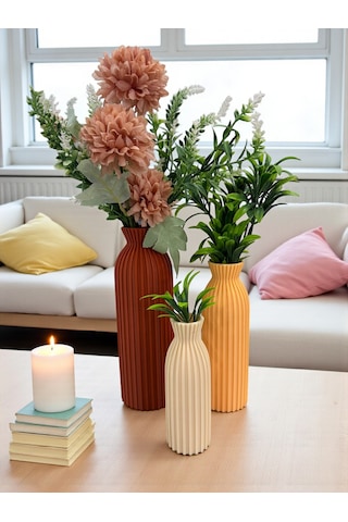 3 Lü Renkli Dekoratif Vazo Seti-şık Ve Estetik -minimalist Vazo Seti-minimal Masa-salon Aksesuarı Kahverengi Krem Şeftali