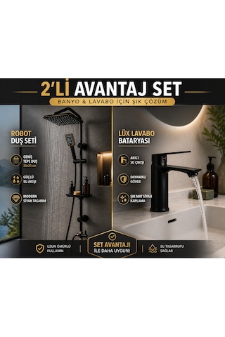 Lüx Siyah Tepe Yağmurlama Robot Duş Seti Siyah Lavabo Bataryası 2'li Avantaj Set Modern Tasarım Set