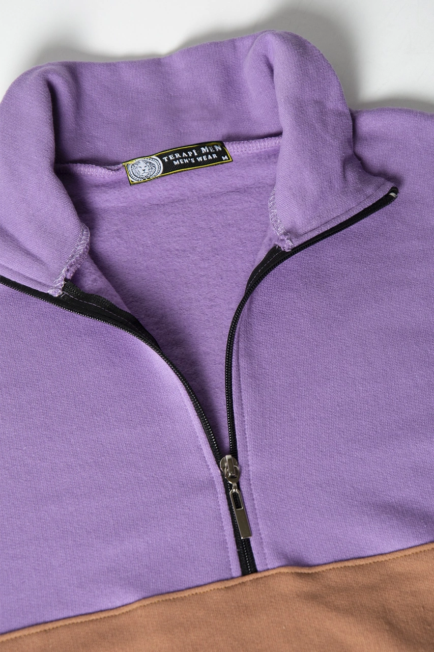 Veaven Unisex Mor-kahverengi Üç Bloklu Yarım Fermuarlı Rahat Kalıp Trend Model Sweatshirt Mor-kahverengi