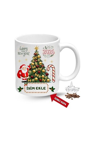 Yılbaşı Hediyesi Christmas Çam Ağacı İsimli Baskılı Porselen Kupa Bardak Çok Renkli