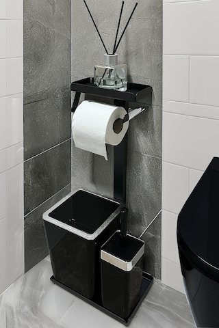 3'ü 1 Arada Banyo Seti Tuvalet Kağıtlık, Çöp Kovası Ve Tuvalet Fırça Takımı Krom - Siyah