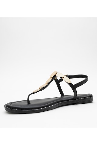 Luvishoes Luvi Shoes Marea Siyah Hakiki Deri Parmak Arası Gold Tokalı Kadın Sandalet Siyah