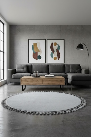 Comfort Yuvarlak Ponpon Saçaklı Peluş Halı Yatak Odası- Çocuk Odası- Antre- Yemek Odası Kaymaz Taban Gri