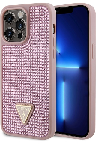 Apple Uyumlu iPhone 13 Pro Max Kılıf Guess Lisanslı Taşlı Arka Yüzey Üçgen Logolu Kapak Pembe