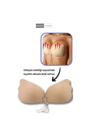 Askısız Yapışkanlı Toparlayıcı Bej Kelebek Hayalet Silikon Sütyen, Toparlayıcı Ipli Dolgunlaştırıcı Bej