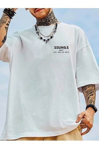 Erkek Beyaz Oversize Sea Son Baskılı Örme T-shirt Beyaz