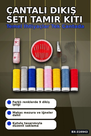 Çantalı Dikiş Seti İplik Mezura Tekstil Makası İğne Ve Yüzük Tamir Kiti Bx-316943