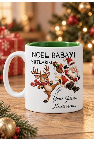 Mesela Yılbaşı Kupası Noel Babayı Şutlarım Desenli Yeşil İçli Hediyelik Kahve Kupa Bardak Beyaz
