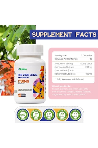 İngreens Red Vine Leaf Extract 1700mg & Horse Chestnut Extract Supports Vein Skin Health 60 Caps