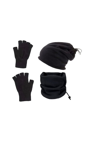 Bawcompany Polar Bere Ve Boyunluk + Yün Eldiven 3'lü Set Polar Bere Ve Boyunluk + Yün Siyah