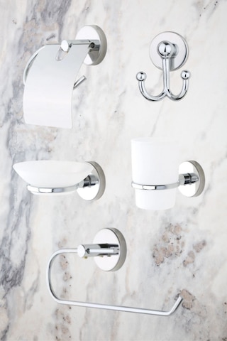 MultiStore Krom 5'li Banyo Aksesuar Seti Tuvalet Kağıtlığı/bornoz Askısı/rulo Havluluk/sabunluk/diş Fırçalık Beyaz