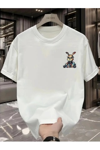 Defymoda Baskılı Oversize Bisiklet Yaka T-shirt - Beyaz