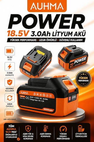 Auhma Ahv-21 18.5v 3.0ah Li-ıon Şarjlı Batarya Type-c Şarj Girişli, Led Göstergeli Yedek Süpürge A Turuncu