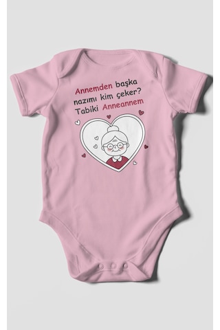 Annemden Başka Nazımı Kim Çeker Tabiki Annanem Baskılı Bebek Zıbını Çıtçıtlı Body Kısa Kol Koyu Pembe