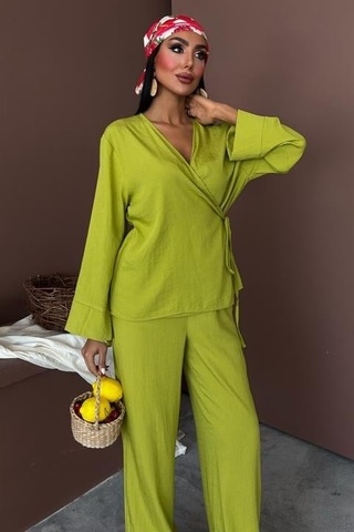 Moderie Butik Kruvaze Model Klasik Pantolonlu Çupra Keten Takım 10191 Yeşi L