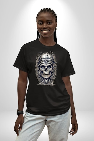 Kask Miğfer İskelet Asker Pamuklu Bisiklet Yaka Unisex Oversize Boyfriend Dijital Baskılı Siyah T-shirt Siyah