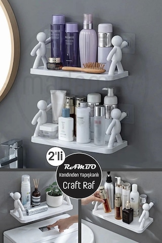 Madamev Kendinden Yapışkanlı Duvara Monte Craft Banyo Rafı Mutfak Organizeri 2'Li Çok Renkli
