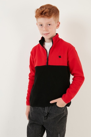 Lela Yumuşak Dokulu Yarım Fermuarlı Renk Bloklu Dik Yaka 2'Li Paket Çocuk Polar 5905004S2 Gri Siyah-Kırmızı Siyah