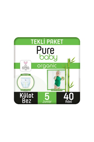Pure Baby Organik Bambu Özlü Külot Bez Tekli Paket 5 Numara Junior 40 Adet