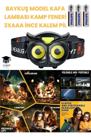 Baykuş Model Kafa Lambası Kamp Feneri 3xaaa İnce Kalem Pil Çok Renkli