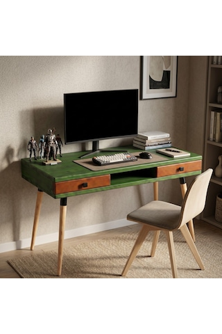 Mobenta Modest Desk: Masif Çalışma & Laptop Masası 2 Çekmece 1 Bölme - 120x60 Ye-bk Yeşik-bakır