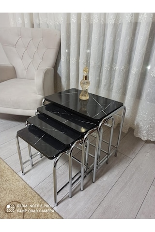 Zigon Sehpa Nikelaj Kaplama Metal Ayaklı Siyah Mermer Desen (540935862)