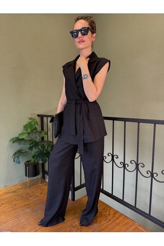 Ali Butik Siyah Keten Kuşak Detaylı Yelekli Takım