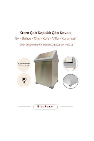 Krom Sallanır Çatı Kapaklı Çöp Kovası 80 Lt Krom