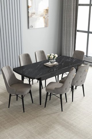 Zümra Serisi, Siyah Mermer Desen 80x132 Açılabilir Mdf Mutfak Masası Takımı 6 Adet Sandalye, Gri